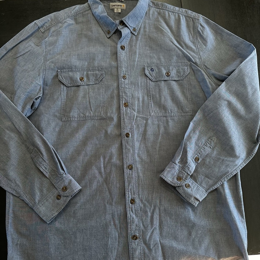 Mens Carhartt Button Shirt Blue Long Sleeve Shirt Relaxed Fit Blue Chambray 2XL - Picture 8 of 12